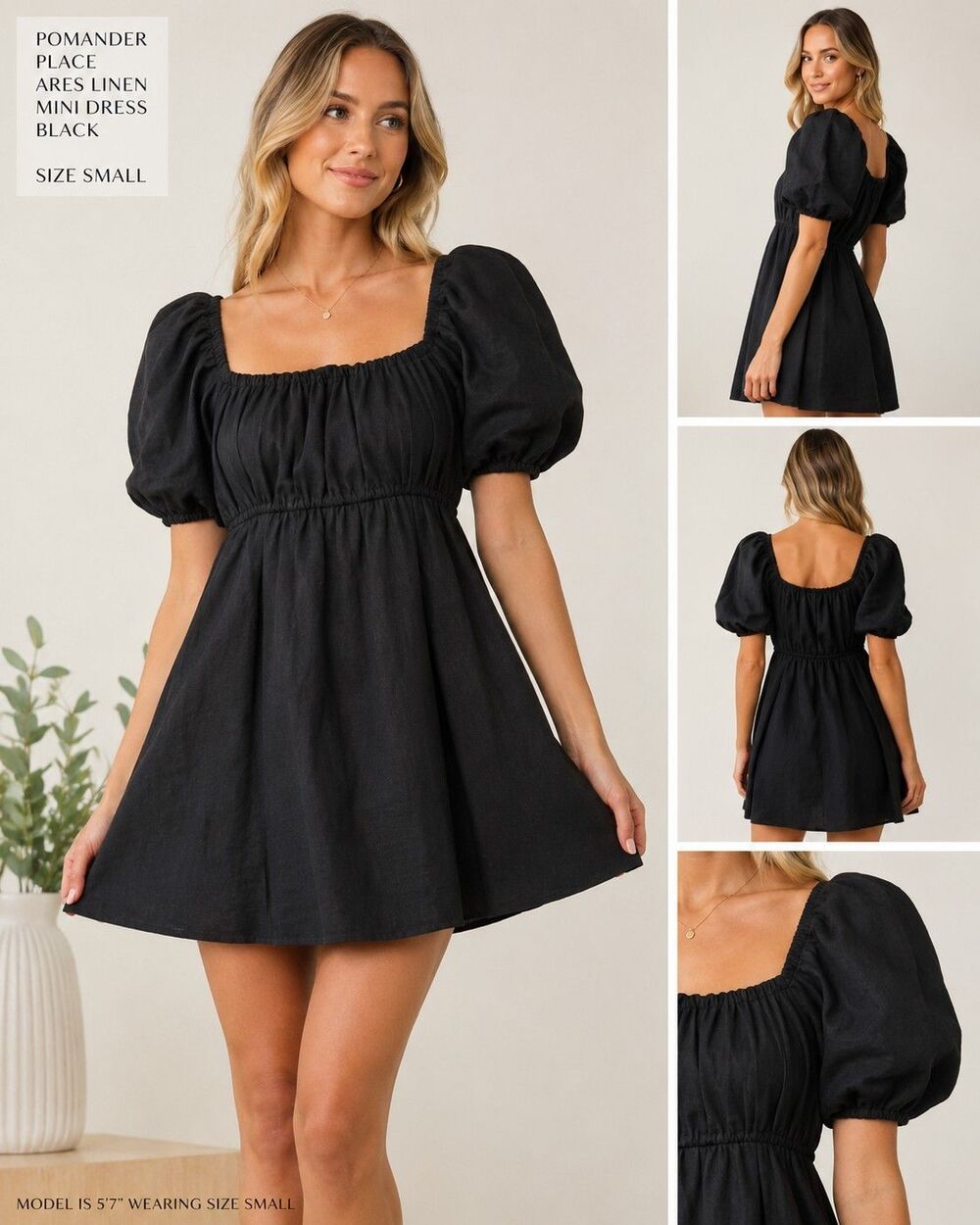 Pomander Place Ares Linen Mini Dress Blk Puff Sleeve Smocked Square Neck S Boho
